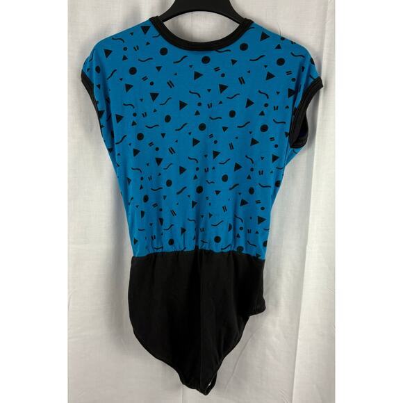 Vintage 80s Jacques Moret Cap Sleeve Bodysuit Leotard-Black Blue Large - Picture 2 of 6